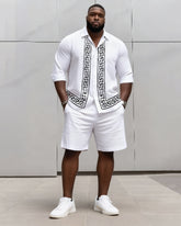 Big & Tall Men's Business Classic Simple Stripes Print Long Sleeve Shirt Shorts Set